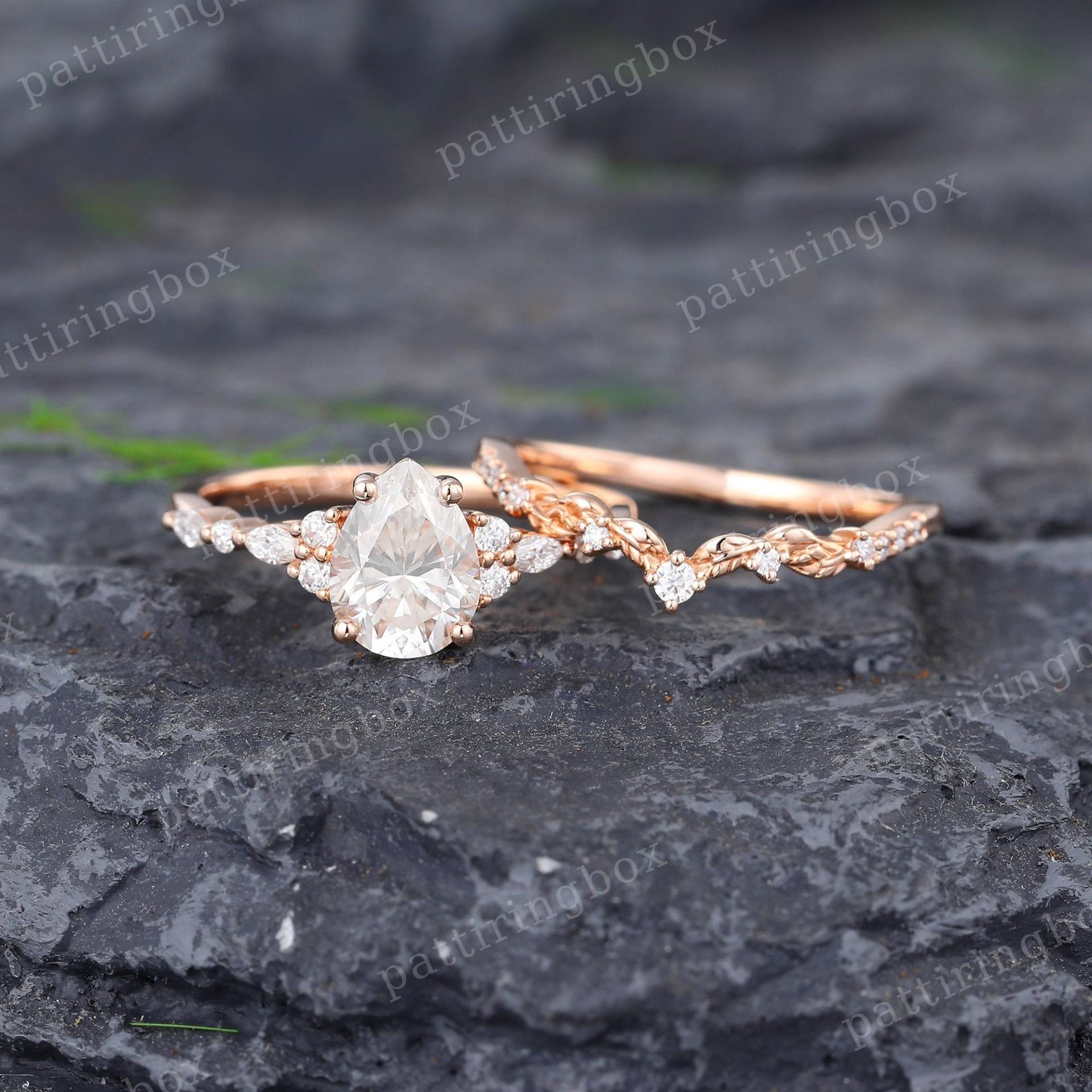 Vintage Pear Moissanite Verlobungsring Set Einzigartige Rose Gold Marquise Diamant Gebogen Ring Braut Jubiläum Versprechen Geschenk Für Frauen von pattiringbox