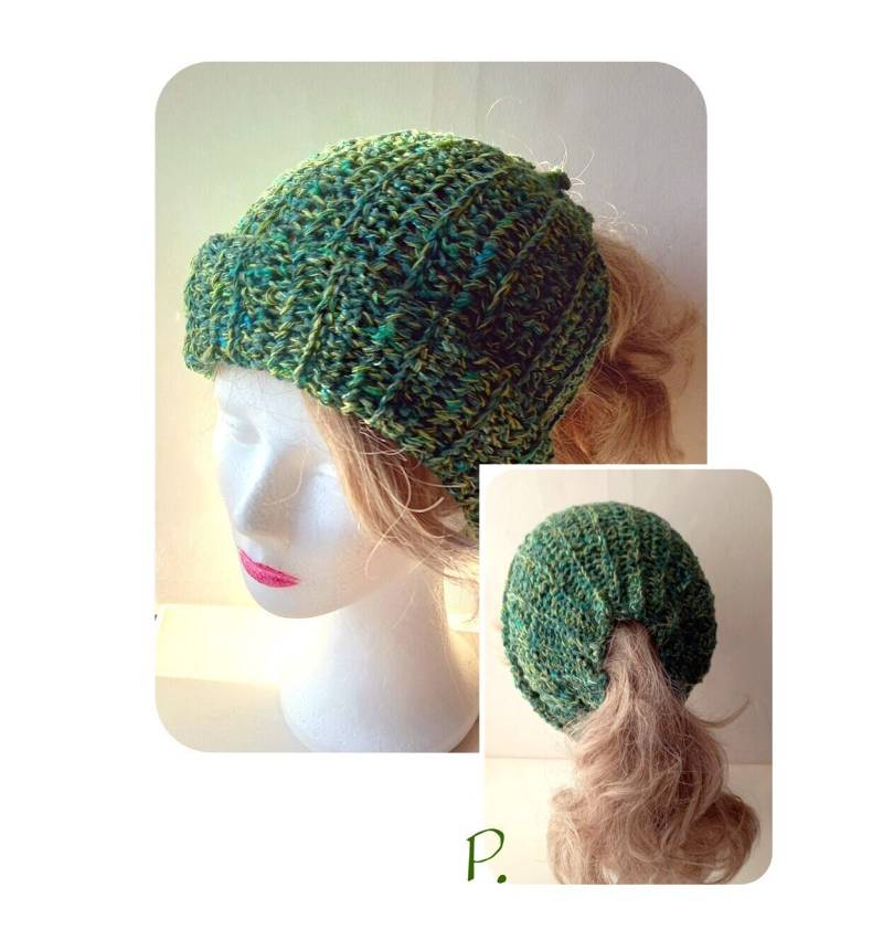 Dreadlocks Mütze, Longbeanie Mit Öffnung, Beanie Aus Grün-Meliertem Qualitätsgarn/Verschiedene Tragevariationen Gr. M von paulARTisan