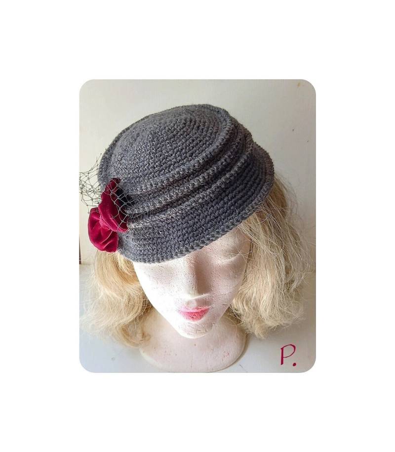 Hut; Krempenhut Im Vintagestyle/30Er Jahre-Look Grau Mit Roter Samtschleife Gr. M von paulARTisan