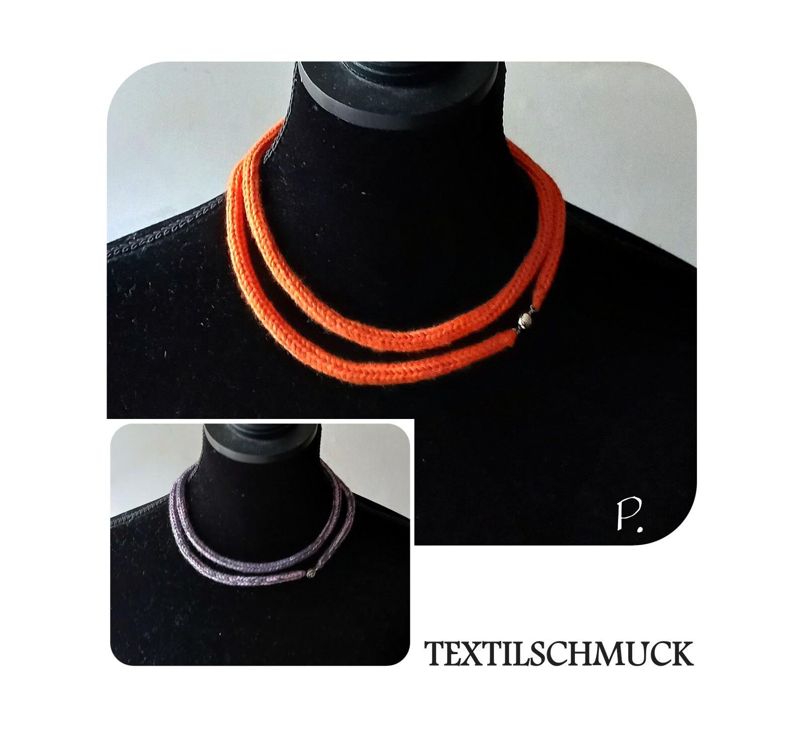 Textilschmuck/Collier; Halsband Gestrickt Orange Und Lila One Size von paulARTisan