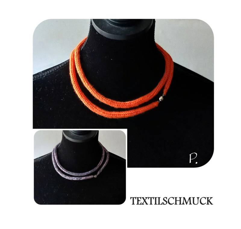 Textilschmuck/Collier; Halsband Gestrickt Orange Und Lila One Size von paulARTisan