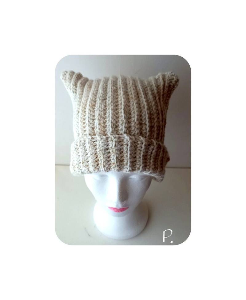 Wintermütze; Mütze; Katzenmütze; Kappe; Häkelkappe/Cremefarben Mit Pflanzengefärbter Merino-Wolle; Birke Gr. S von paulARTisan