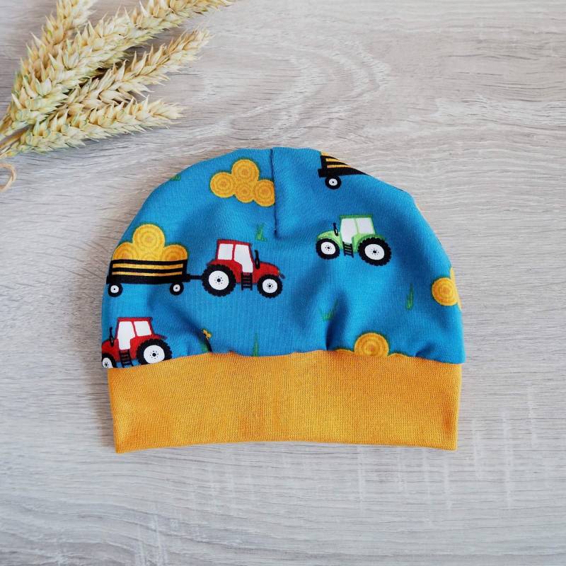 Baby Mütze Traktor Beanie Trecker Kleinkind Bauernhof Blau Senf Jungen von paulchens
