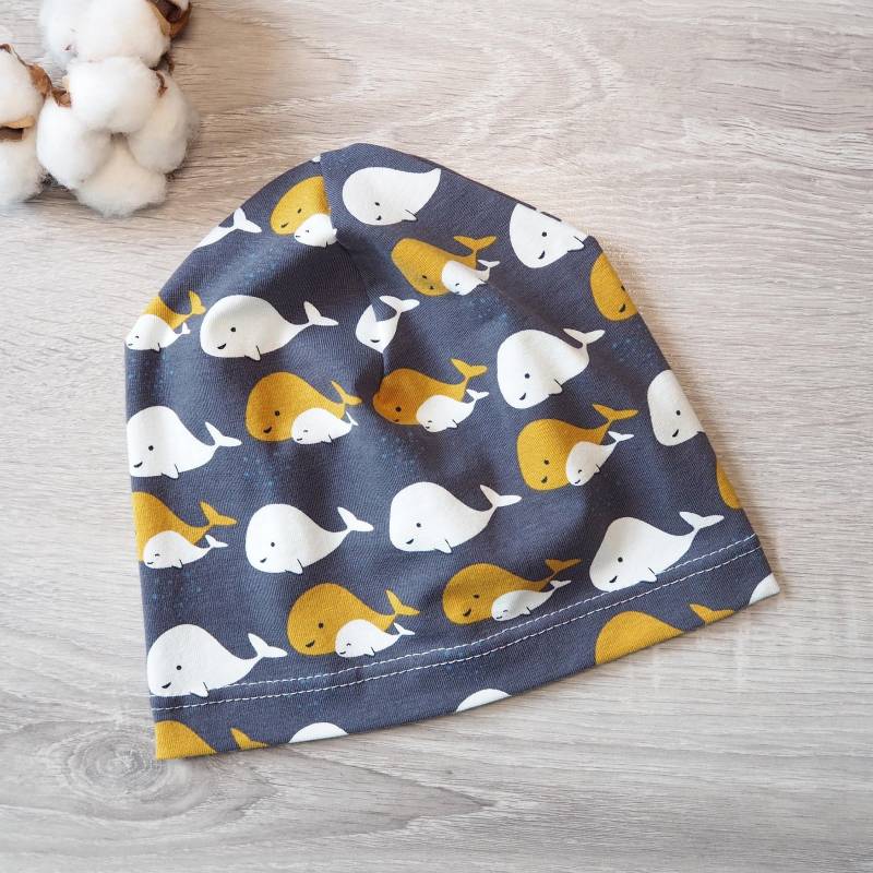 Beanie Baby Wale Mütze Kinder Blau Senfgelb Weiß Jersey Maritim See Leicht Rauchblau Walbaby Gelb von paulchens