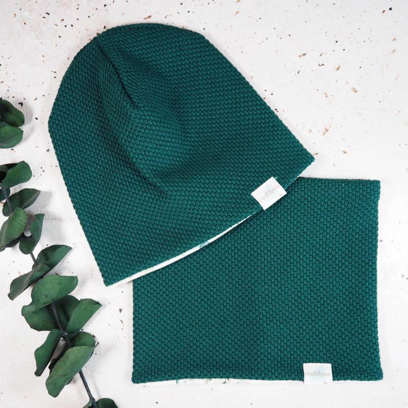 Beanie & Loop Set Für Kinder Und Babys Strickstoff Grün Eukalyptus Wintermütze Herbst Mädchen Junge Schal Schlupfschal von paulchens