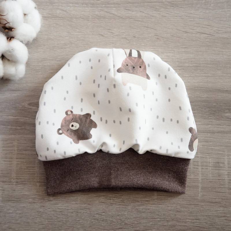 Mütze Baby Kinder Waldtiere Hase Bär Katze Mädchen Junge Sommersweat Tiere Schlamm Weiß Braun Beanie Aquarell von paulchens