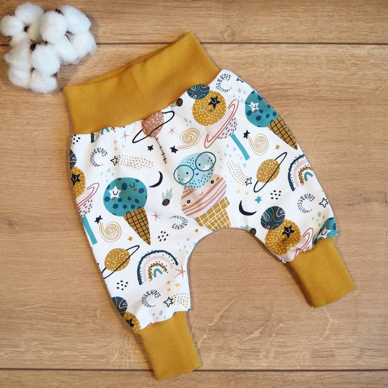 Pumphose Größe 56 Baby Weltall Eis Planeten Space Kinder Hose Senf Petrol Sommer Jersey von paulchens