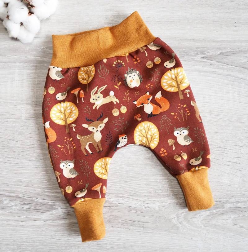 Pumphose Sweat Baby Waldtiere Dunkelrot Ocker Kleinkind Hose Kinder Kuschelig Herbst Bündchen von paulchens