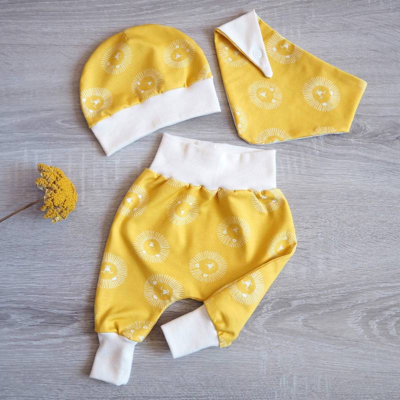 Set Baby Löwe Pumphose Mütze Halstuch Gelb Sonnengelb Kleinkind Safari Hose Beanie Lätzchen Jersey Mädchen Jungen Geburt von paulchens