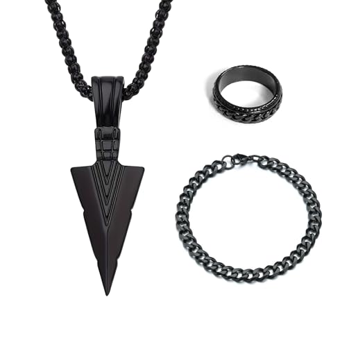 pclapora 3 Stück Halskette Herren Schwarz Wikinger Kettenarmband Ringe, Viking Mjölnir Dreizack Anhänger, Schwer Glieder Cuban Link Armband, Keltisches Anhänger Amulett, für Herren Damen von pclapora