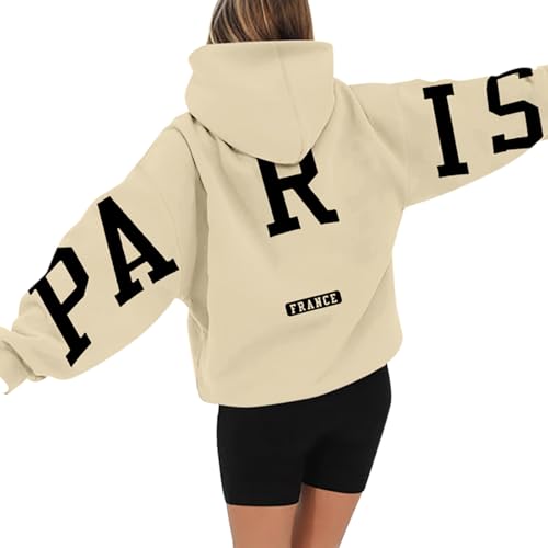 pdodo Oversized Hoodie Damen,Winter Pullover Y2K Hoodies Thermofleece Sweatshirt mit Kapuze Hoody Oversize Backprint Pullover Langarm Kapuzenpullover Pullover mit TaschenBeige 2# XL von pdodo