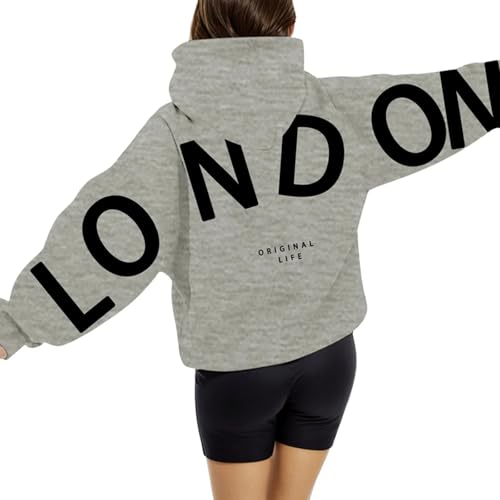 pdodo Oversized Hoodie Damen,Winter Pullover Y2K Hoodies Thermofleece Sweatshirt mit Kapuze Hoody Oversize Backprint Pullover Langarm Kapuzenpullover Pullover mit TaschenHellgrau 1# XXXL von pdodo