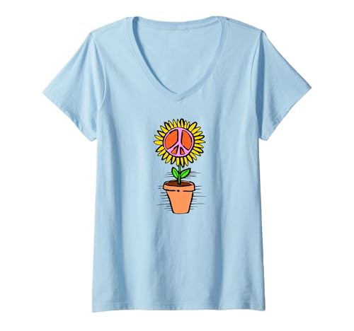 Damen Friedenszeichen Sonnenblume im Blumentopf T-Shirt mit V-Ausschnitt von peace sign designs