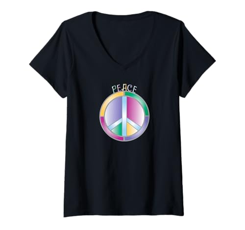 Damen Friedenszeichen mit Peace Wort in Lila, Grün, Gelb & Blau T-Shirt mit V-Ausschnitt Damen Friedenszeichen mit Peace Wort in Lila, Grün, Gelb & Blau T-Shirt mit V-Ausschnitt von peace sign designs