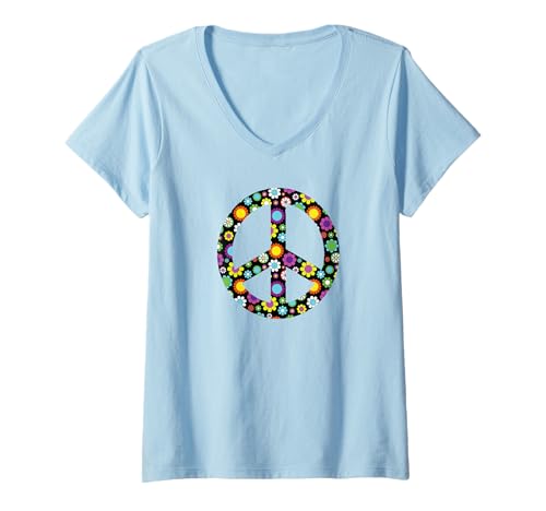 Damen Friedenszeichen mit bunten Blumen – Hippie-Retro-Design T-Shirt mit V-Ausschnitt von peace sign designs