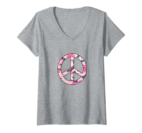 Damen Peace-Zeichen in Rosa, Grau und Weiß T-Shirt mit V-Ausschnitt Damen Peace-Zeichen in Rosa, Grau und Weiß T-Shirt mit V-Ausschnitt von peace sign designs