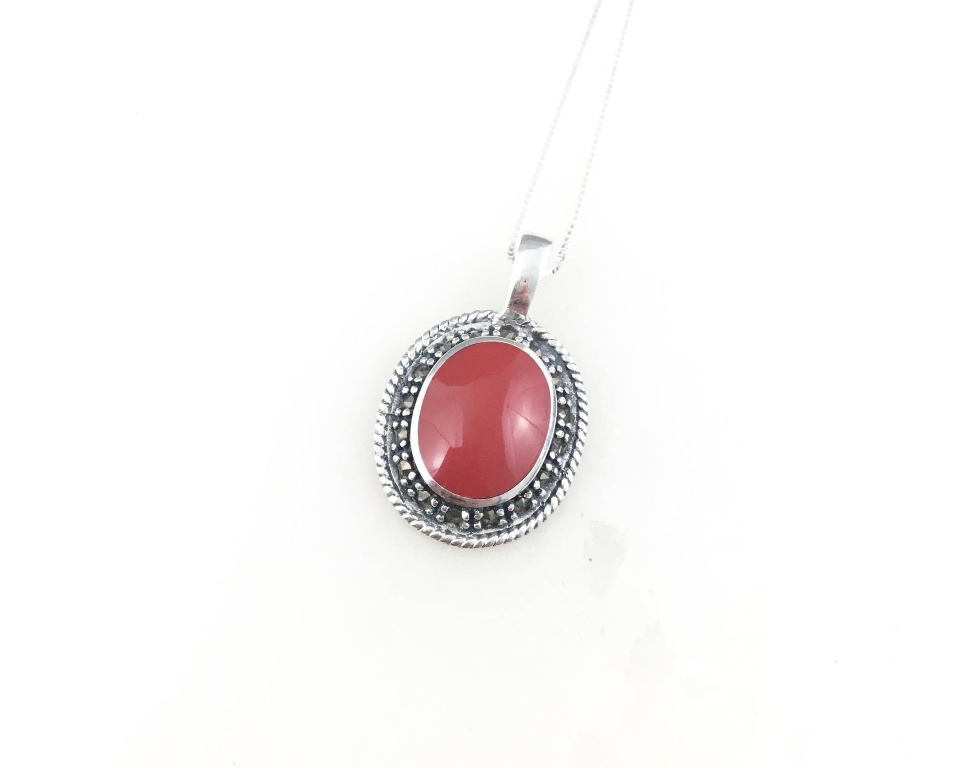 Vintage 925 Sterling Silber Deco Red Coral Markasit Halsketten Anhänger von peachandtweed