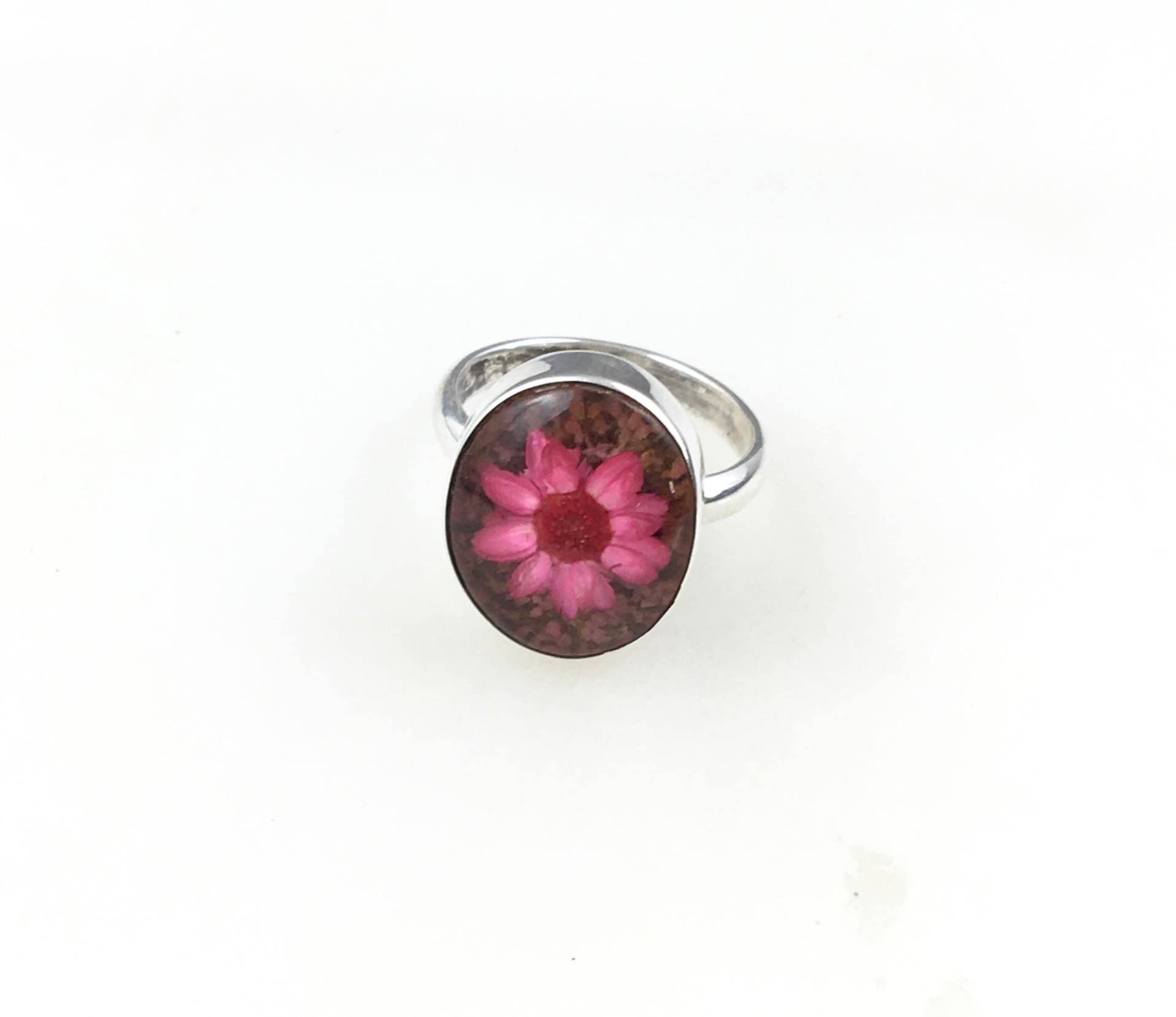 Vintage 925 Sterling Silber Modernist Mexiko Rosa Gepresste Blumen Ring Größe 8.5 von peachandtweed