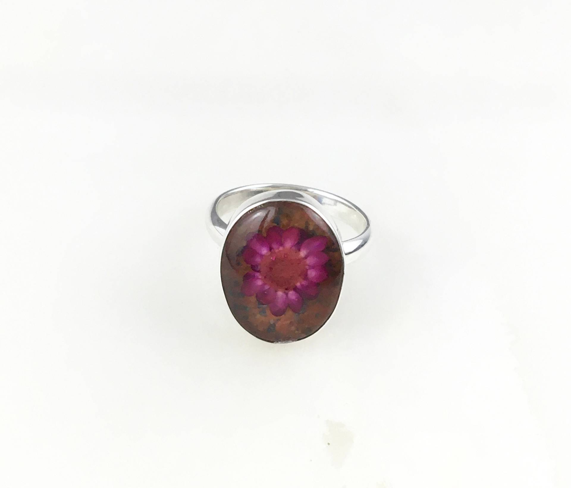 Vintage 925 Sterling Silber Modernist Mexiko Rosa Gepresste Blumen Ring Größe 8.5 von peachandtweed