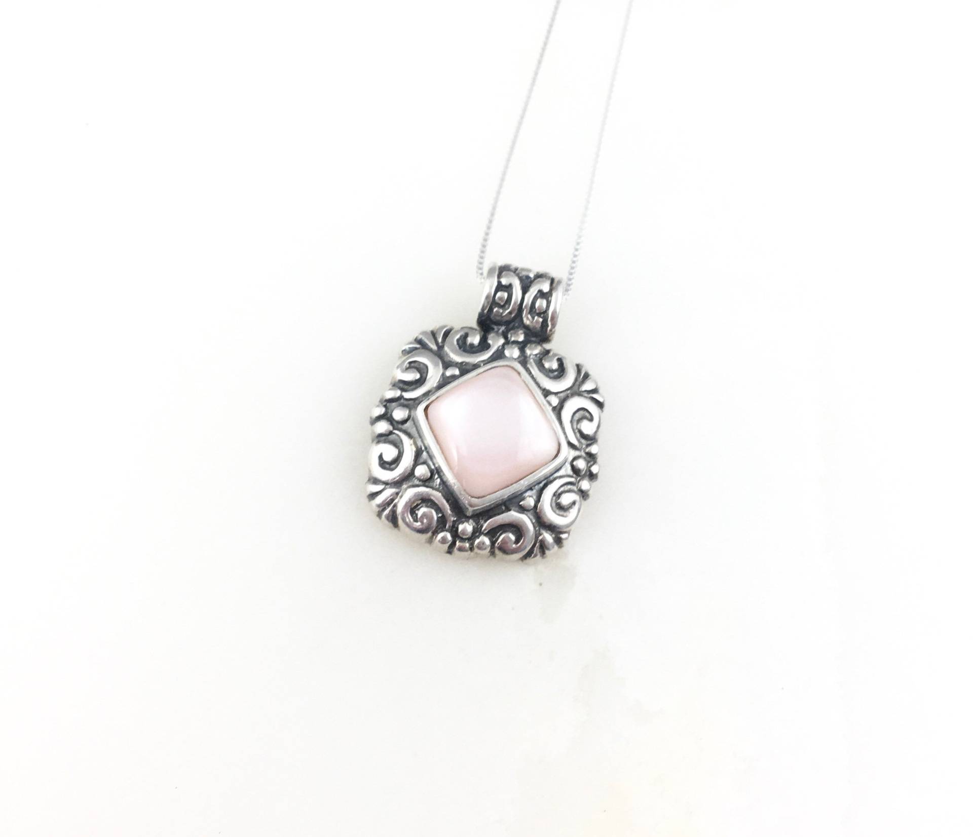 Vintage 925 Sterling Silber Rosa Perlmutt Filigran Anhänger Halskette von peachandtweed