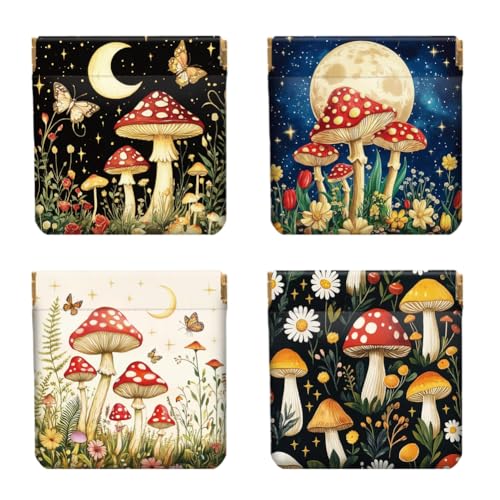Peacoblue 4Stk Kleine Leder-Münzgeldbörse für Damen - Nachthimmel und Pilze-Muster, wasserdicht und strapazierfähig, Mini-Geldbörse, Erwachsene Mädchen von peacoblue