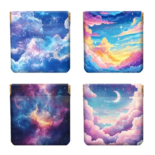 Peacoblue 4Stk Kleine Leder-Münzgeldbörse für Damen - Wolken und Sterne-Muster, wasserdicht und strapazierfähig, Mini-Geldbörse, Erwachsene Mädchen von peacoblue