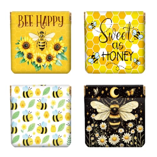 Peacoblue 4er-Set kleine Leder-Quetschgeldbörse für Damen – Motiv Bienen und Blüte, wasserdicht & langlebig, Mini-Münzbörse, Erwachsene Mädchen von peacoblue