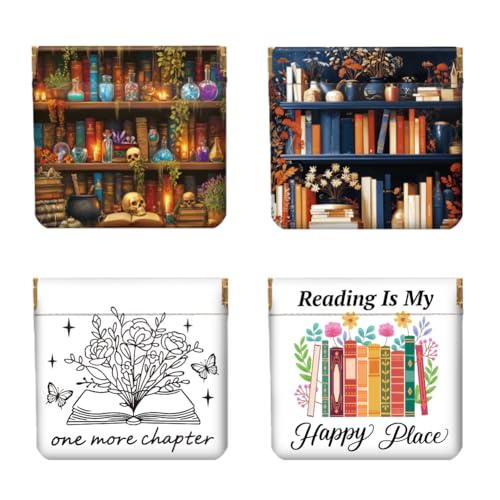 Peacoblue 4er-Set kleine Leder-Quetschgeldbörse für Damen – Motiv Bücherregal und Bücher, wasserdicht & langlebig, Mini-Münzbörse, Erwachsene Mädchen von peacoblue