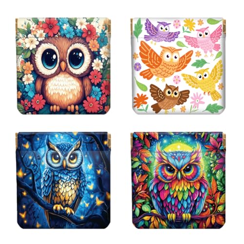 Peacoblue 4er-Set kleine Leder-Quetschgeldbörse für Damen – Motiv Bunte Eulen, wasserdicht & langlebig, Mini-Münzbörse, Erwachsene Mädchen von peacoblue