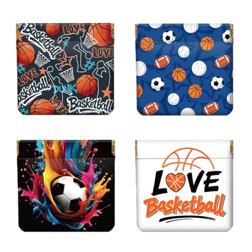 Peacoblue 4er-Set kleine Leder-Quetschgeldbörse für Damen – Motiv Cooles Fußballmotiv, wasserdicht & langlebig, Mini-Münzbörse, Erwachsene Mädchen von peacoblue