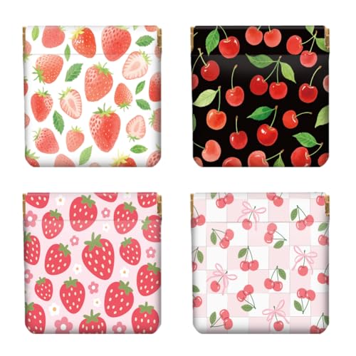 Peacoblue 4er-Set kleine Leder-Quetschgeldbörse für Damen – Motiv Erdbeere und Kirsche, wasserdicht & langlebig, Mini-Münzbörse, Erwachsene Mädchen von peacoblue