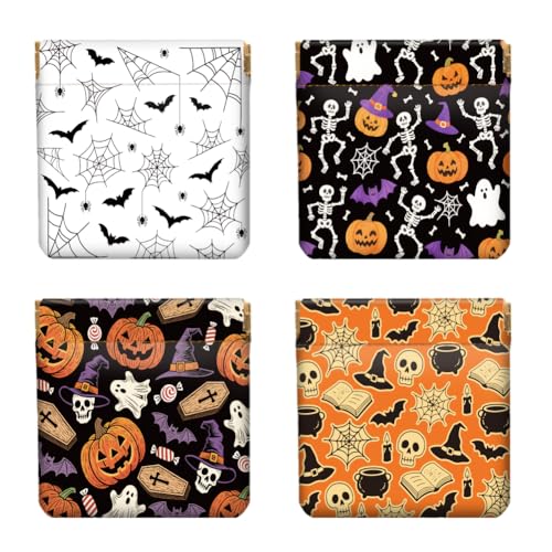 Peacoblue 4er-Set kleine Leder-Quetschgeldbörse für Damen – Motiv Halloween-Elemente, wasserdicht & langlebig, Mini-Münzbörse, Erwachsene Mädchen von peacoblue