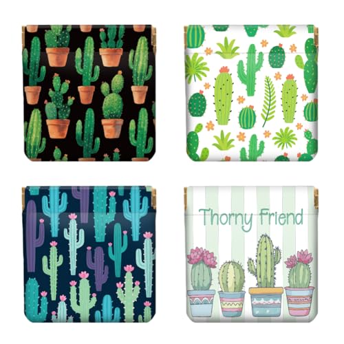 Peacoblue 4er-Set kleine Leder-Quetschgeldbörse für Damen – Motiv Kaktus, wasserdicht & langlebig, Mini-Münzbörse, Erwachsene Mädchen von peacoblue