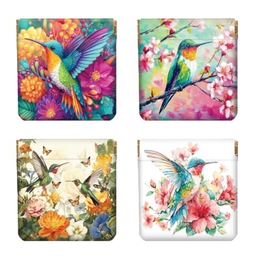 Peacoblue 4er-Set kleine Leder-Quetschgeldbörse für Damen – Motiv Kolibri und Blüte, wasserdicht & langlebig, Mini-Münzbörse, Erwachsene Mädchen von peacoblue