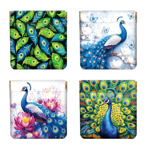 Peacoblue 4er-Set kleine Leder-Quetschgeldbörse für Damen – Motiv Pfau, wasserdicht & langlebig, Mini-Münzbörse, Erwachsene Mädchen von peacoblue