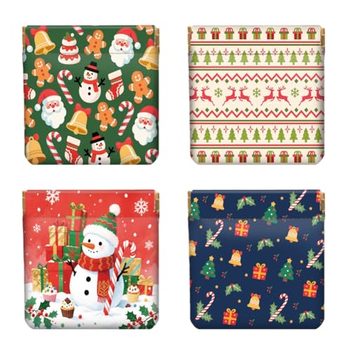 Peacoblue 4er-Set kleine Leder-Quetschgeldbörse für Damen – Motiv Weihnachtselemente, wasserdicht & langlebig, Mini-Münzbörse, Erwachsene Mädchen von peacoblue