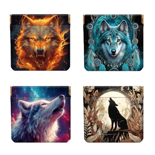 Peacoblue 4er-Set kleine Leder-Quetschgeldbörse für Damen – Motiv Wolf, wasserdicht & langlebig, Mini-Münzbörse, Erwachsene Mädchen von peacoblue