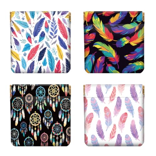 Peacoblue 4er-Set kleine Leder-Quetschgeldbörse für Damen – Motiv bohemische Federn, wasserdicht & langlebig, Mini-Münzbörse, Erwachsene Mädchen von peacoblue