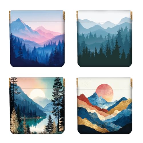 Peacoblue 4er-Set kleine Leder-Quetschgeldbörse für Damen – Motiv einfache Landschaft, wasserdicht & langlebig, Mini-Münzbörse, Erwachsene Mädchen von peacoblue