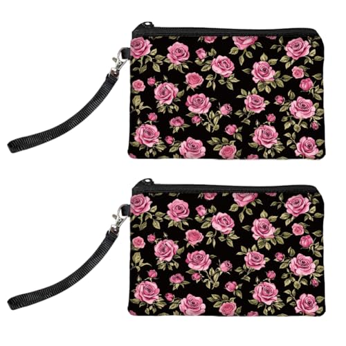 Peacoblue Original Designs Münzgeldbörse für Damen und Mädchen Rosen, 2er-Pack Wechselgeldbörse mit Reißverschluss, langlebige und weiche Canvas-Geldtasche für Reise, Geschenk von peacoblue