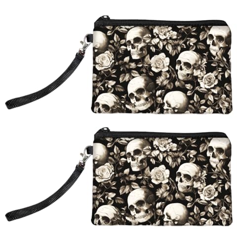 Peacoblue Original Designs Münzgeldbörse für Damen und Mädchen Totenkopf und Blüten, 2er-Pack Wechselgeldbörse mit Reißverschluss, langlebige und weiche Canvas-Geldtasche für Reise, Geschenk von peacoblue