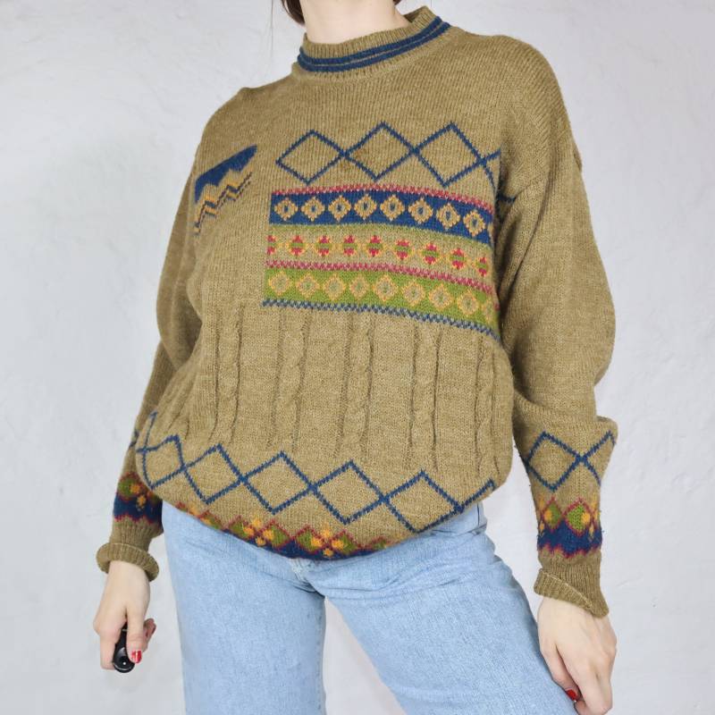 Vintage Kappa Wollpullover Alpaca Muster Beige M von peakofvintage