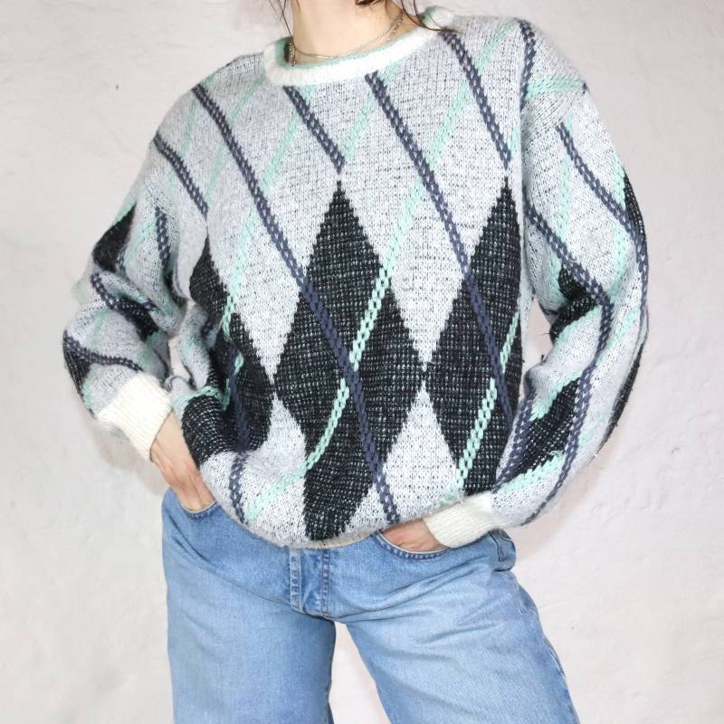 Vintage Pullover Alpaca Wolle Gemustert Türkis Grau 50 M von peakofvintage