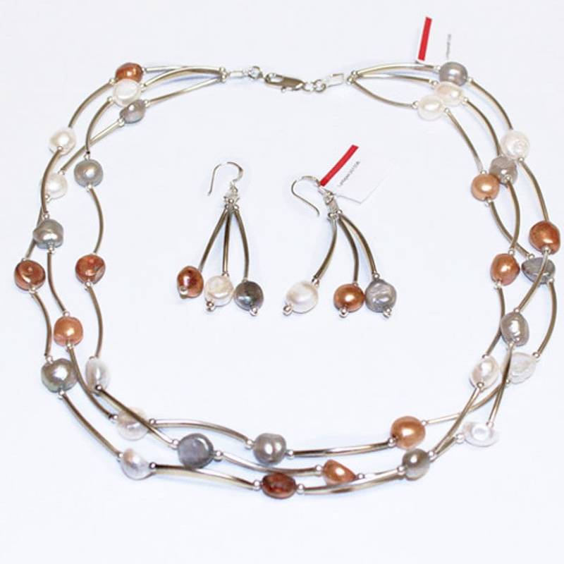 Perlenkette & OhrringTriple-Row 8-9mm Multi Farbe Süßwasser Perle Halskette Mit Ohrring von pearlbyiris