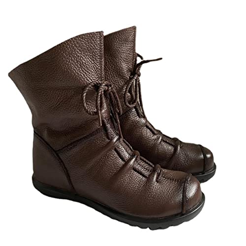 pearlzone Damen-Stiefel aus echtem Leder, lässig, weich, flach, Renaissance-Naturleder, handgefertigt, historische Schuhe, Brauner Plüsch, 38.5 EU von pearlzone