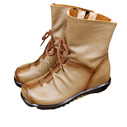 pearlzone Damen-Stiefel aus echtem Leder, lässig, weich, flach, Renaissance-Naturleder, handgefertigt, historische Schuhe, Camel Plush, 42 EU von pearlzone