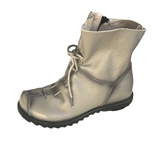 pearlzone Damen-Stiefel aus echtem Leder, lässig, weich, flach, Renaissance-Naturleder, handgefertigt, historische Schuhe, GRAU, 36 EU von pearlzone
