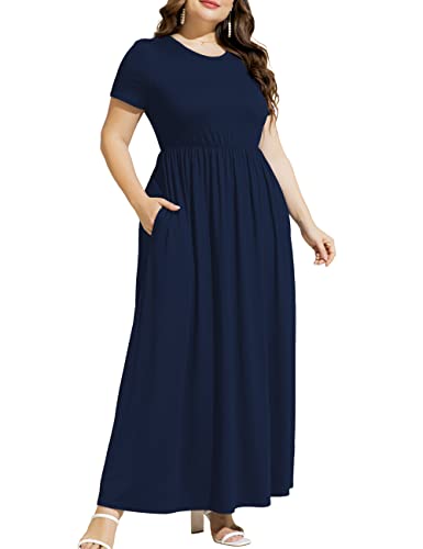 peassa Damen Übergröße Sommer Kurzarm Lang Maxikleid mit Taschen, 200 Navy, 48 Mehr von peassa