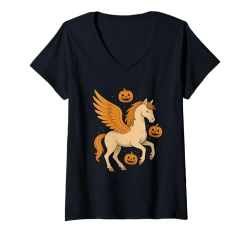 Damen Pegasus mit Kürbissen T-Shirt mit V-Ausschnitt von pegasus pumpkins fantasy fall halloween pumpkin