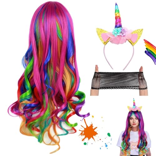 Perücke Damen Regenbogen Lang Locken 26 Zoll/65 cm Mit Perückenhaube und Einhorn Stirnband, Karneval Regenbogen Wig Haar, Maskerade Einhorn Wig Damen, Anime Volle Wellige für Cosplay von peiyee